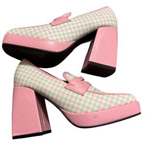 Daisy Street pink & green plaid chunky platform loafers